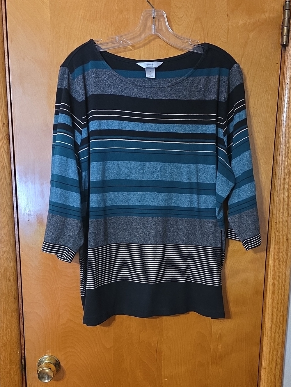 CJ Banks Teal, Black & Gray Striped Long Sleeve Top
